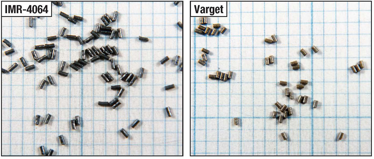 IMR-4064 and Varget are extruded single-base powders, but Varget’s shorter, fatter dimensions provide a higher density.